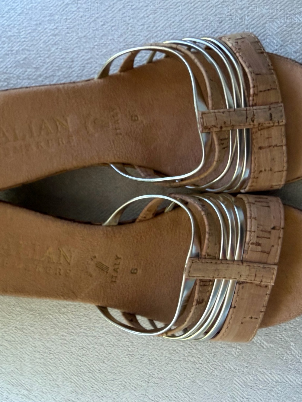 Italian Shoemakers Tan Cork Slide Sandals with Silver Straps